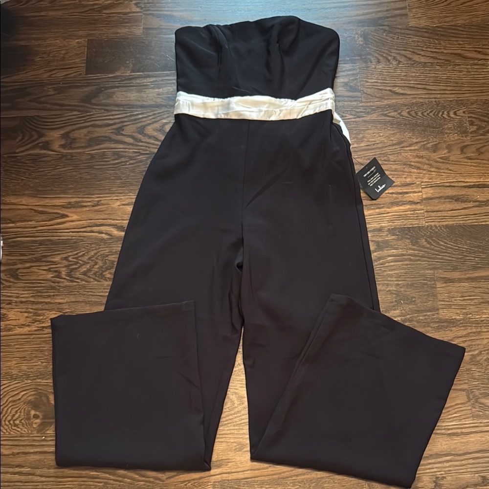 Lulu's Black and White Strapless Jumpsuit